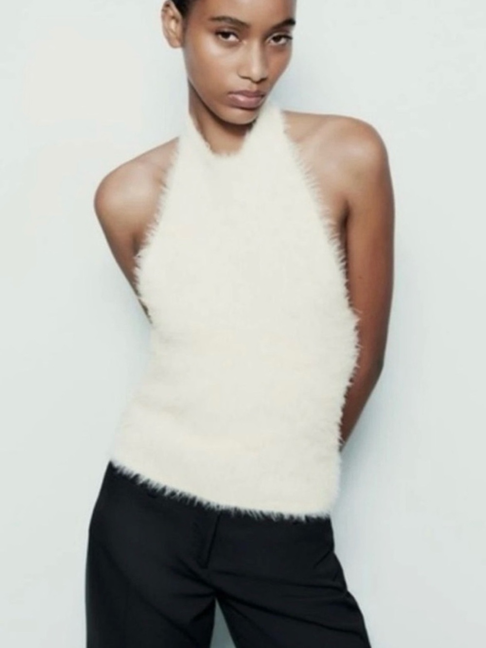 Zara Cream Fuzzy Halter Crop Top